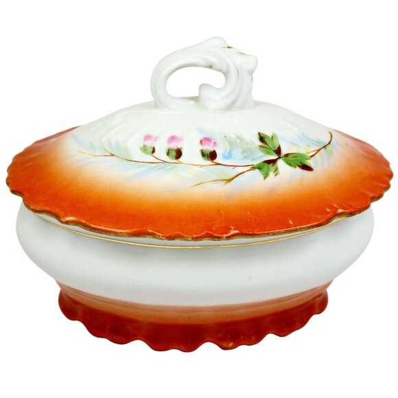 Vintage Luster-Style Covered Vanity Dishes – Rosebud Motif, Hand-Numbered Pair - Picture 3 of 13